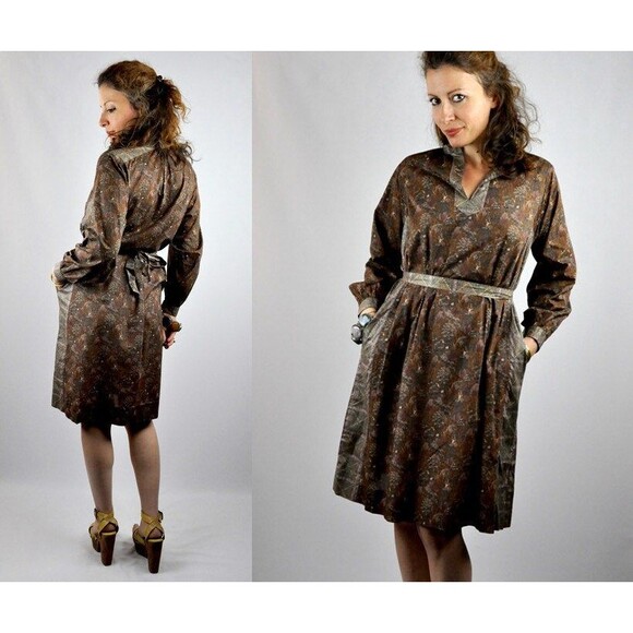 Vintage Indian Silk & Cotton Dress w/Pockets Long Sleeves Belted Block Print S M - Picture 1 of 6